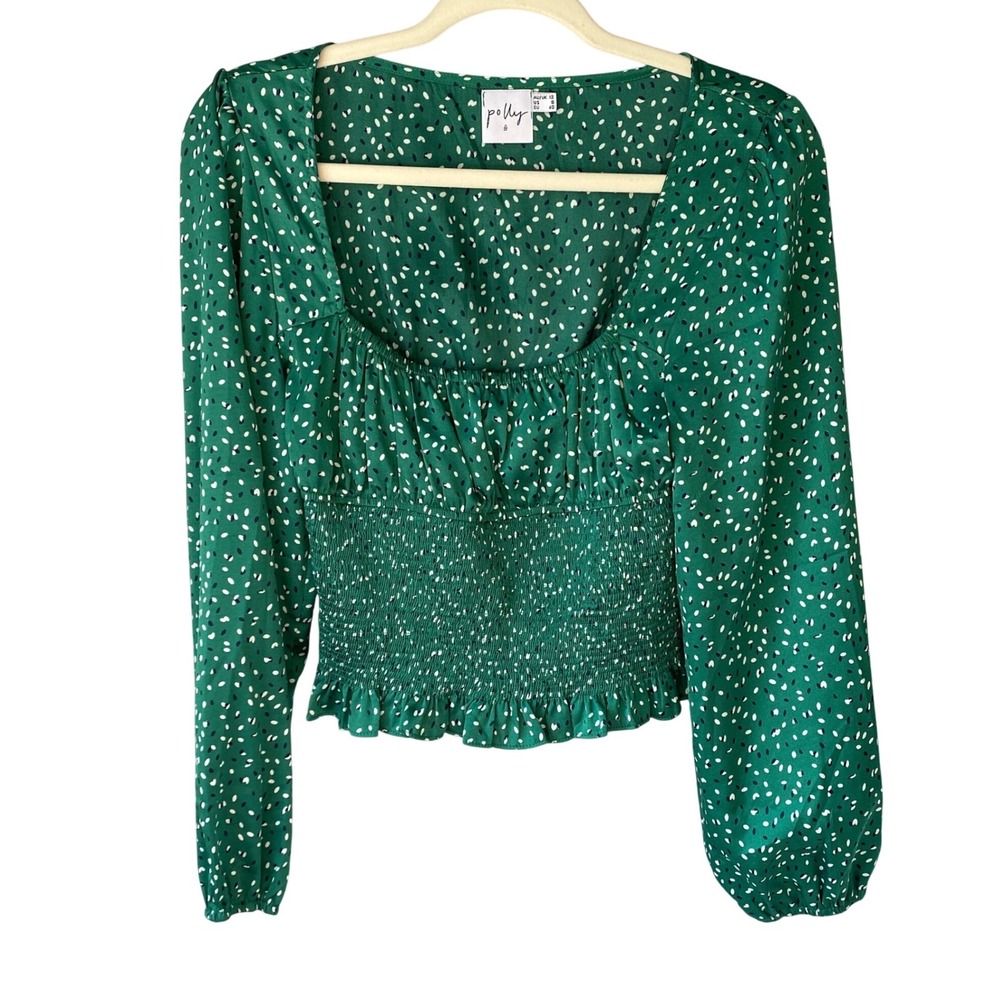 Princess Polly Green Polka Dot Smocked Waist Long Sleeve Crop Top US 8